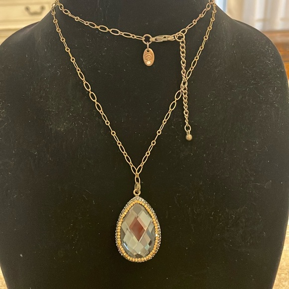 Vintage Gold Tone Black Rhinestone Teardrop Pendant Statement Necklace - Picture 1 of 3